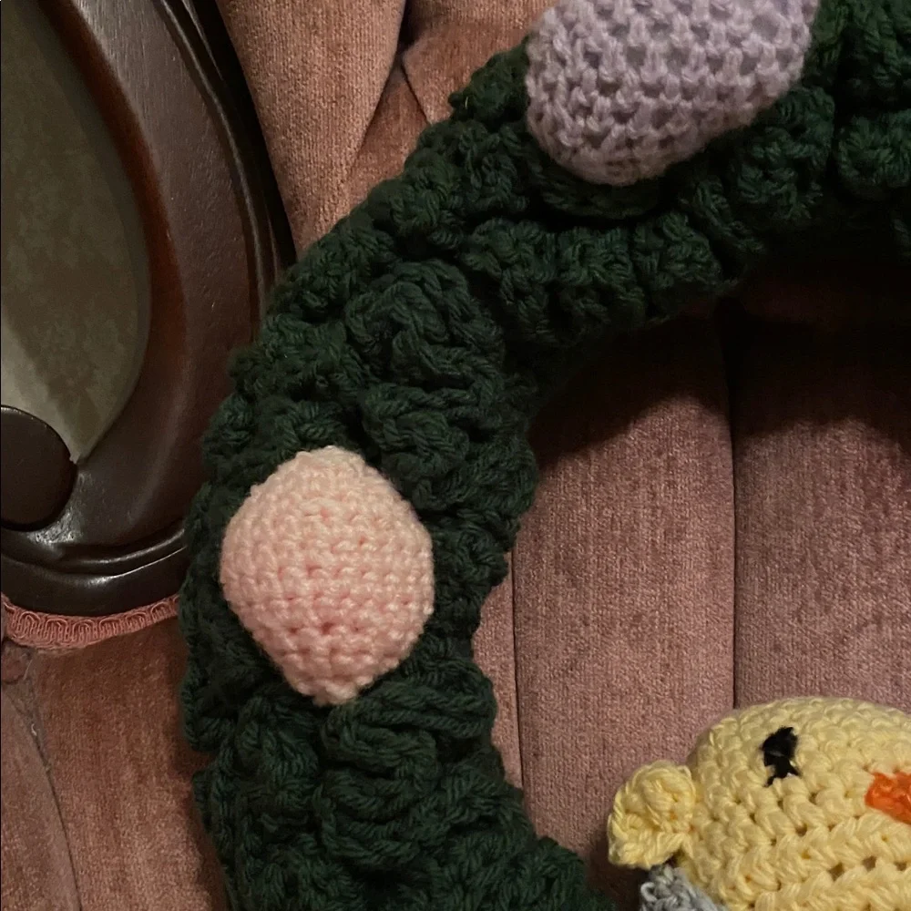 Vintage Handmade Crochet Easter Wreath with Chick and Eggs